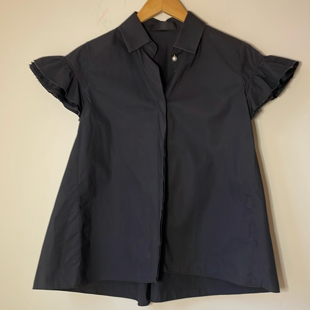 Co Collections cotton flutter cap Sleeve black Shirt raw hem silk pearl button